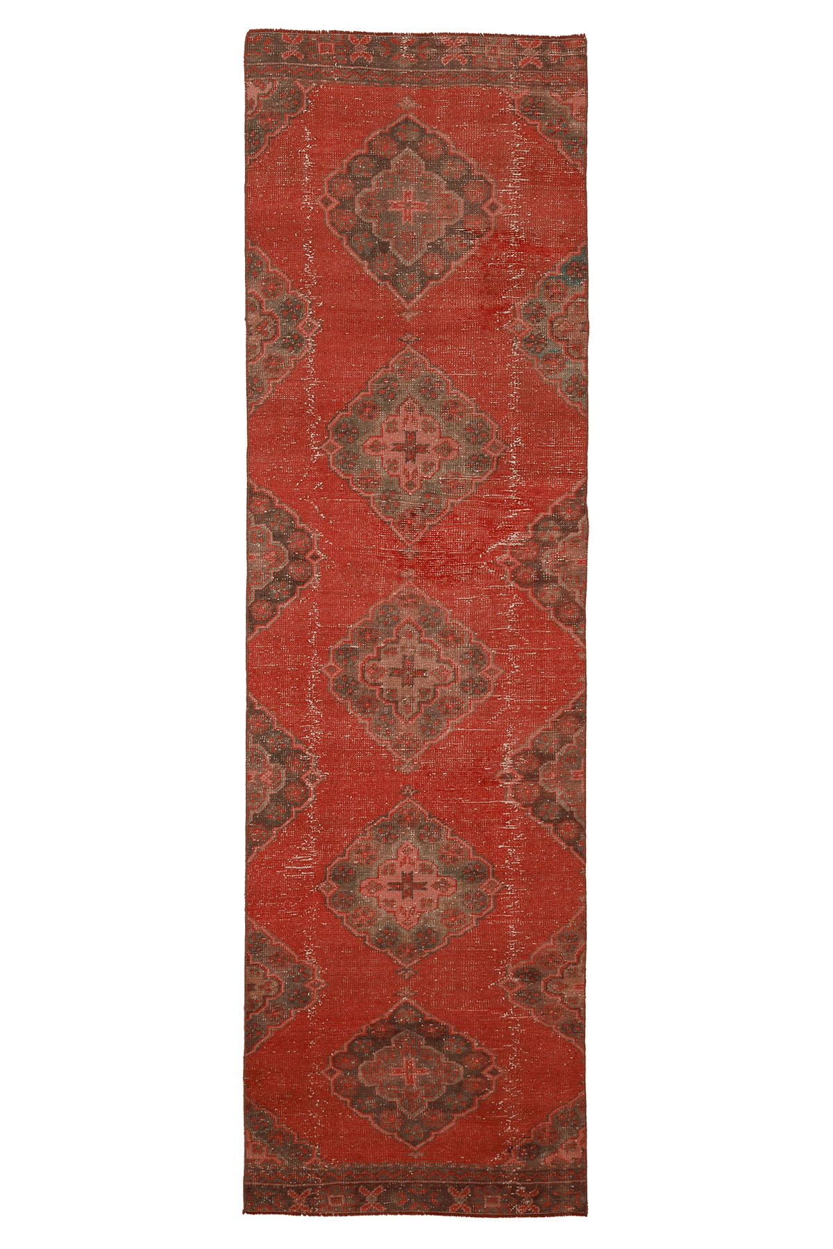 Vintage Konya Turkish Runner Rug 2x10 ft — Red & Brown Geometric