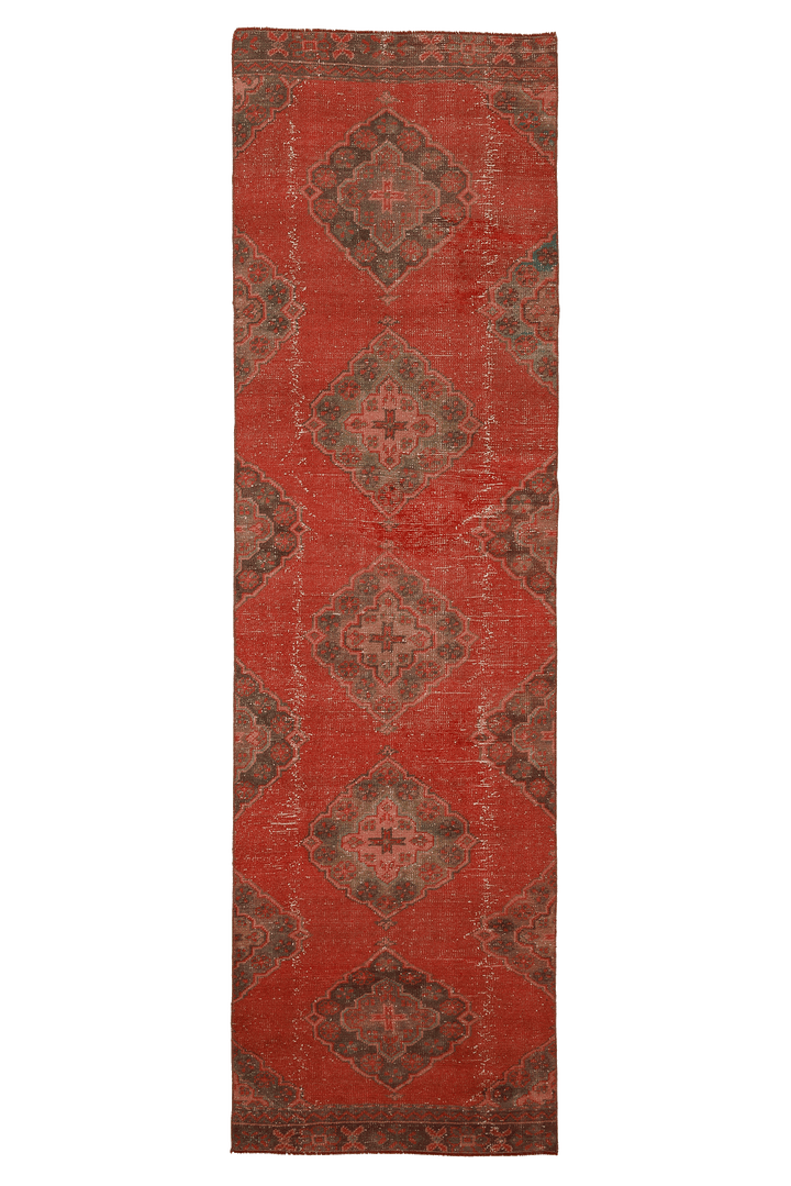 Vintage Konya Turkish Runner Rug 2x10 ft — Red & Brown Geometric