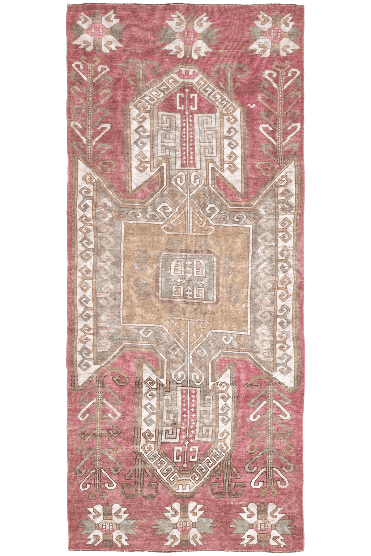 Handwoven 4x11 ft vintage Turkish runner rug in red and pink wool with traditional geometric tribal patterns.