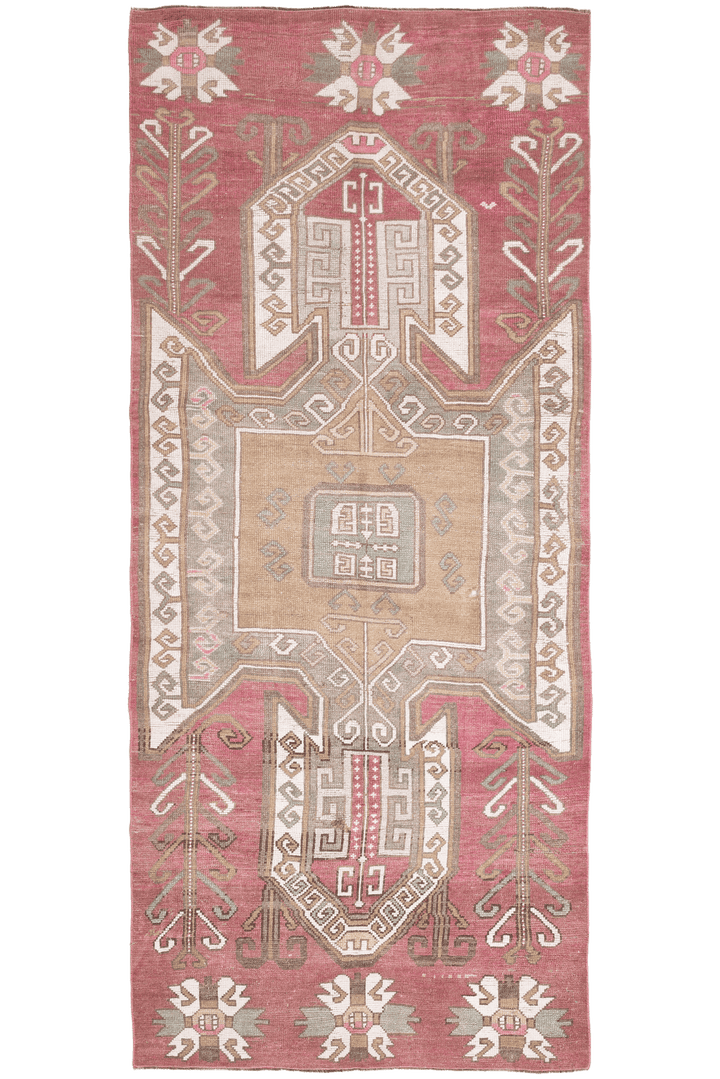 Vintage Malatya Turkish Runner Rug 4x11 ft — Red & Pink Geometric