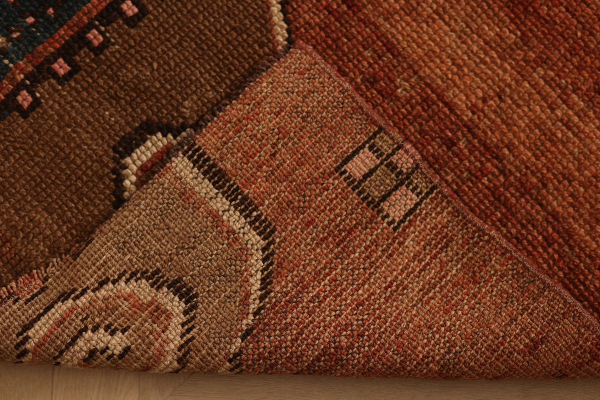 Vintage Malatya Turkish Area Rug 4x5 ft — Red & Brown Geometric