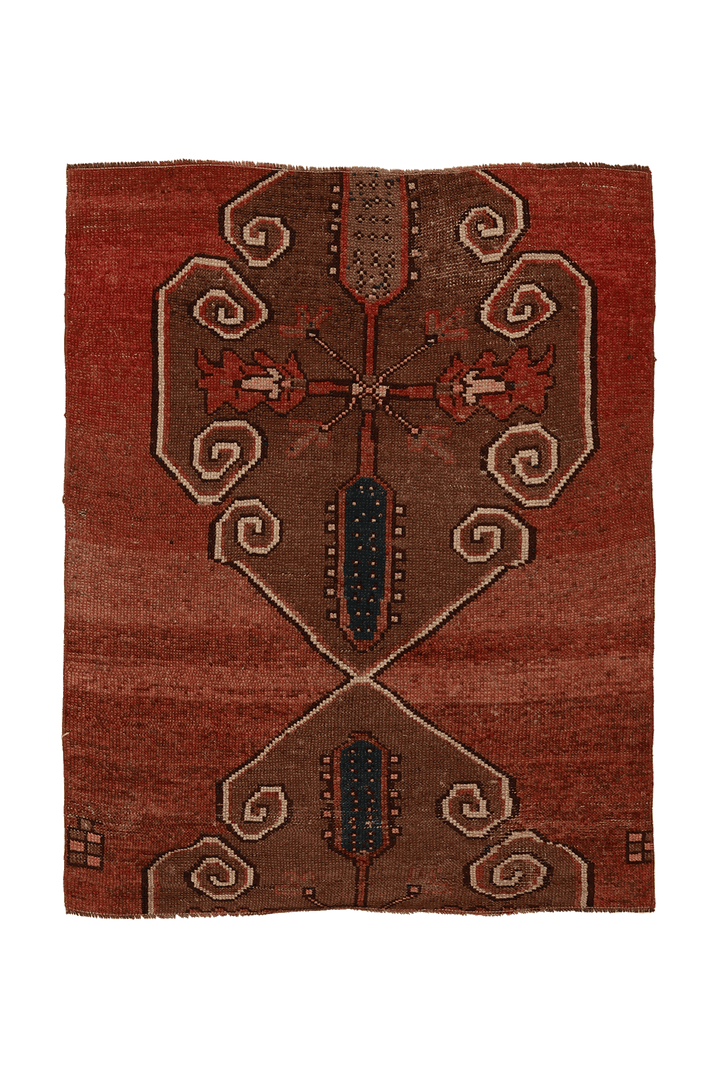 Vintage Malatya Turkish Area Rug 4x5 ft — Red & Brown Geometric
