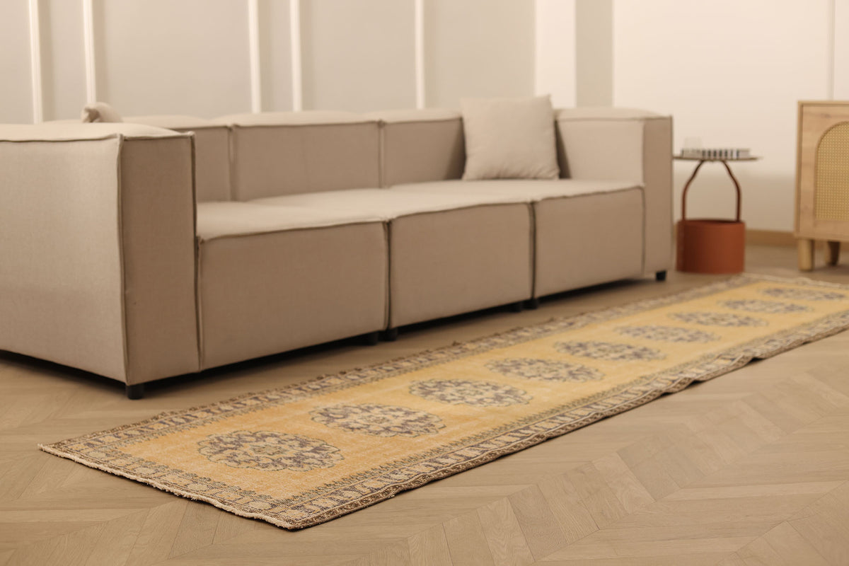 Vintage Manisa Turkish Runner Rug 2x11 ft — Beige & Brown Floral (No. 42972)