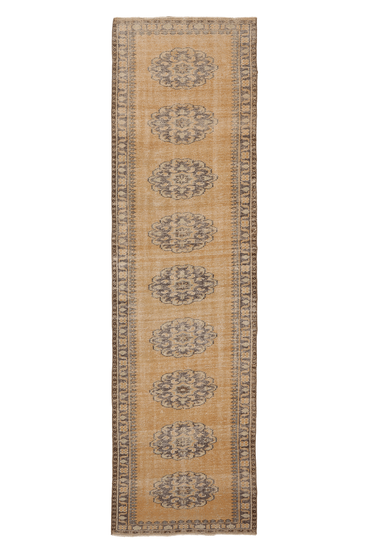 Vintage Manisa Turkish Runner Rug 2x11 ft — Beige & Brown Floral (No. 42972)