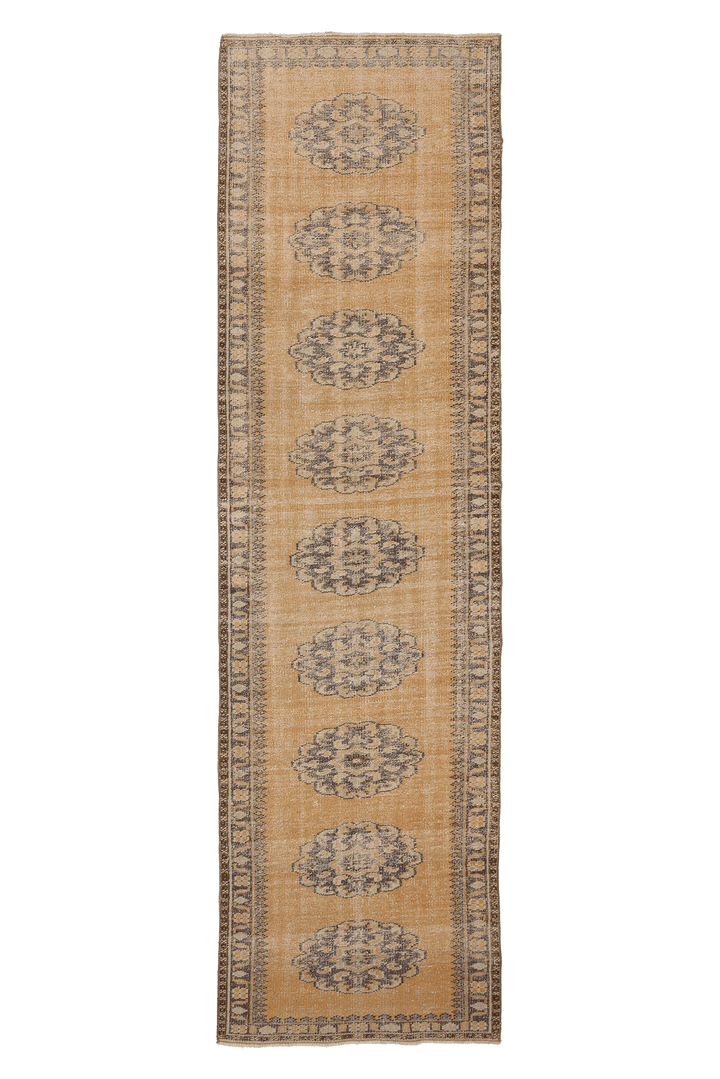Vintage Manisa Turkish Runner Rug 2x11 ft — Beige & Brown Floral (No. 42972)