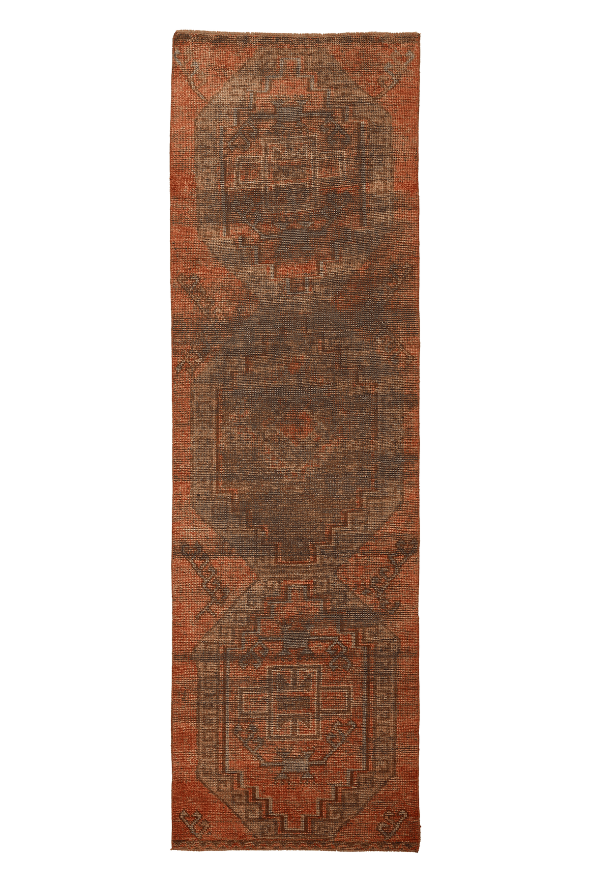 Vintage Malatya Turkish Runner Rug 3x10 ft — Orange & Brown Geometric