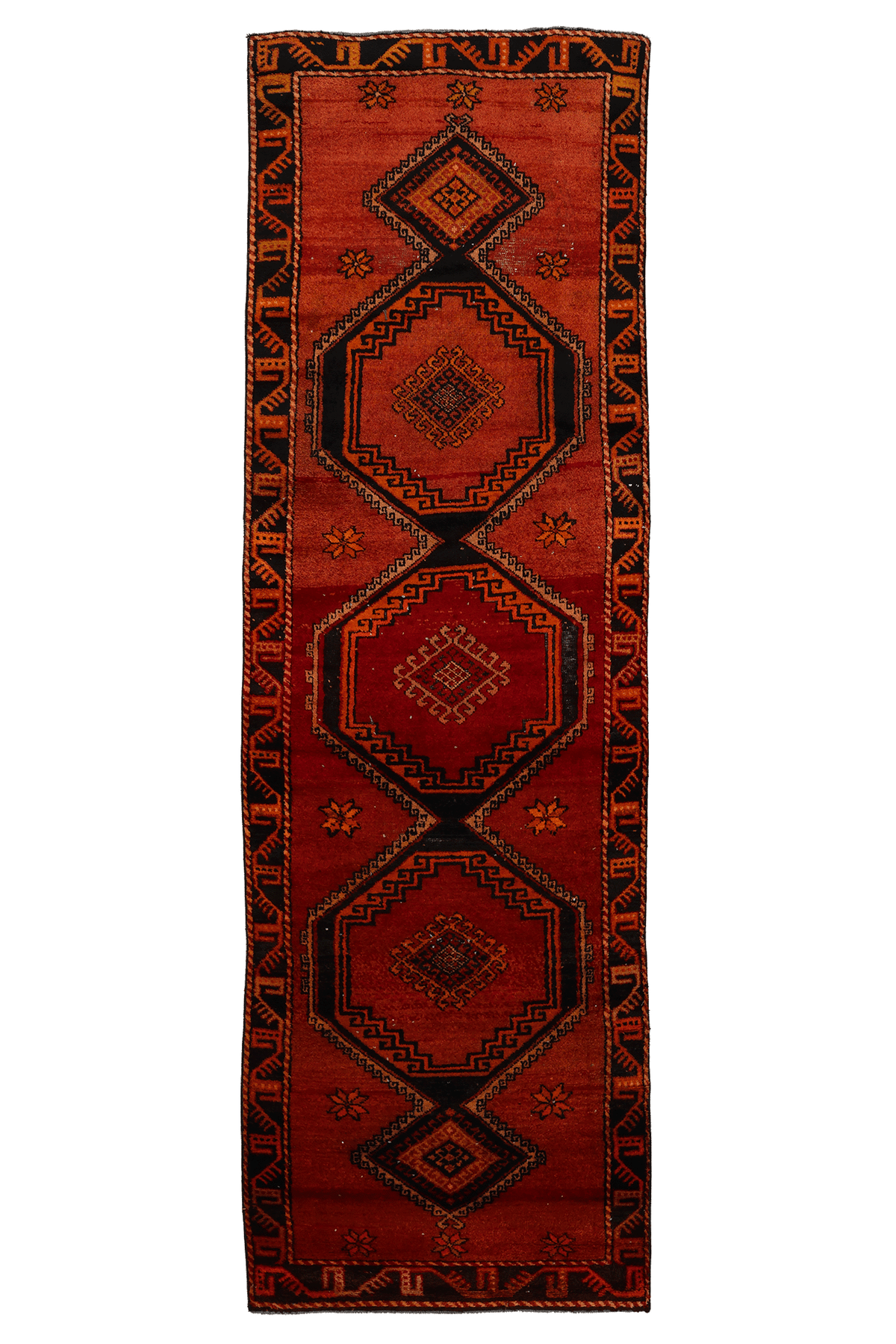 Vintage Malatya Turkish Runner Rug 3x11 ft — Red & Orange Geometric