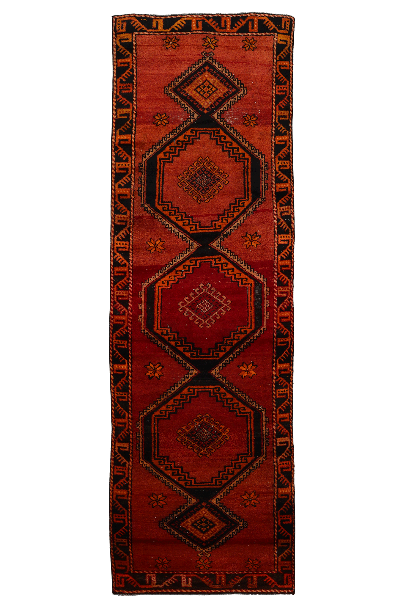 Vintage Malatya Turkish Runner Rug 3x11 ft — Red & Orange Geometric