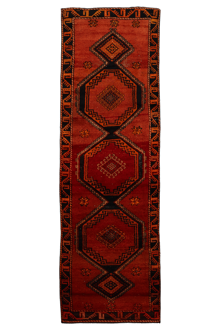 Vintage Malatya Turkish Runner Rug 3x11 ft — Red & Orange Geometric