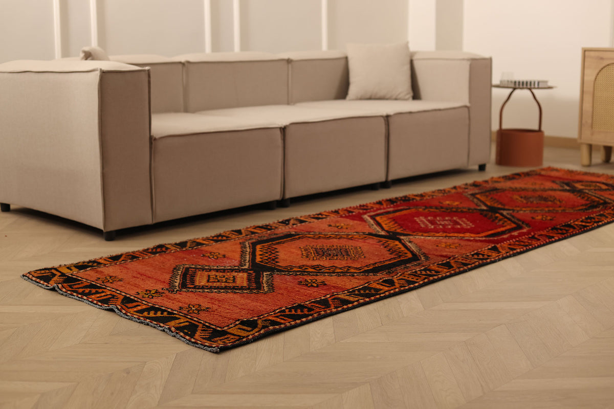 Vintage Malatya Turkish Runner Rug 3x11 ft — Red & Orange Geometric