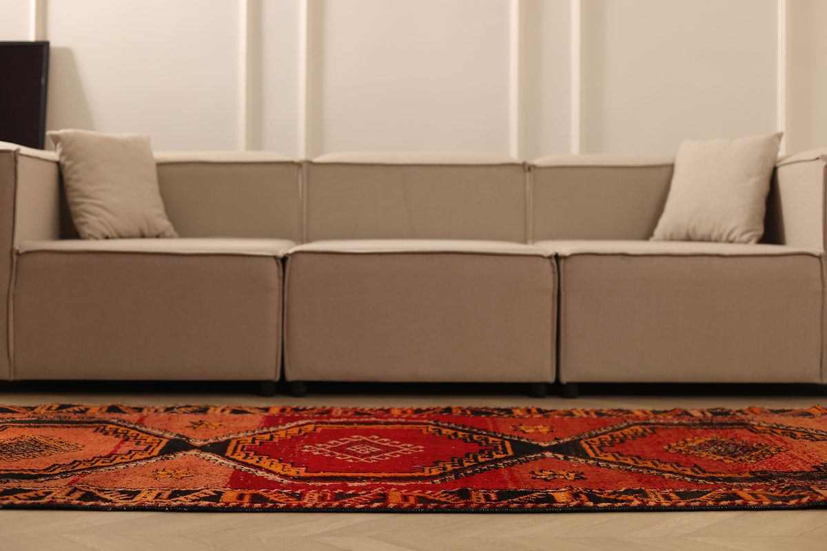 Vintage Malatya Turkish Runner Rug 3x11 ft — Red & Orange Geometric