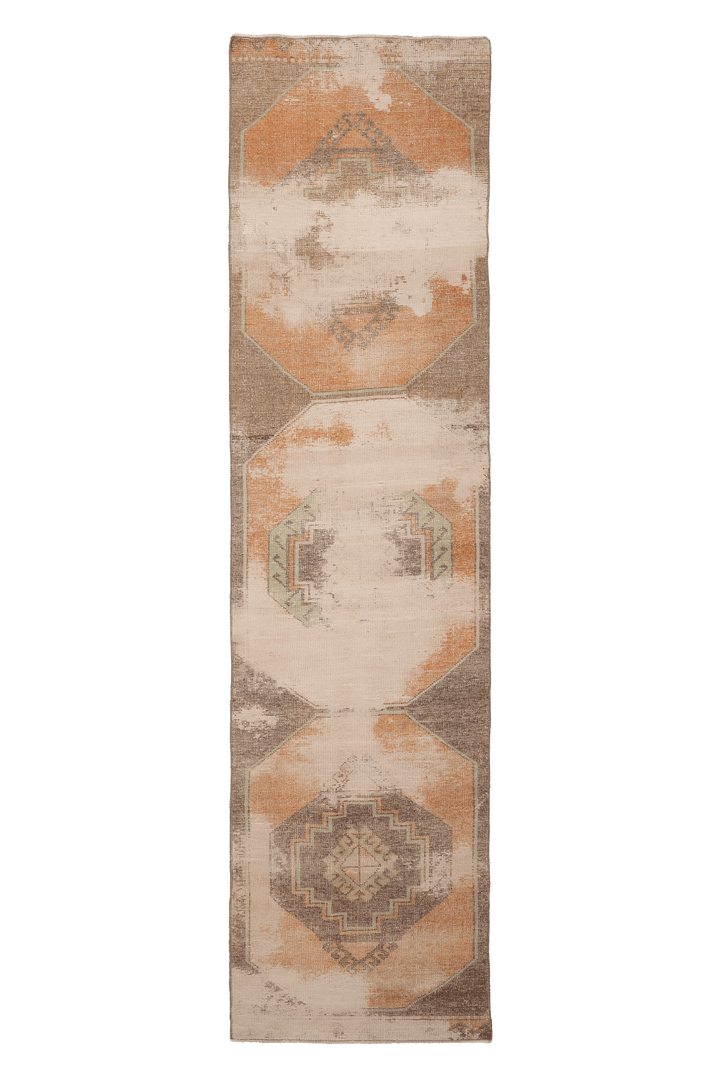Vintage Malatya Turkish Runner Rug 2x11 ft — Beige & Orange Distressed