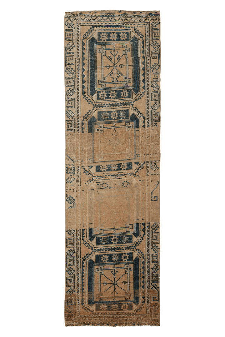 Vintage Malatya Turkish Runner Rug 3x10 ft — Beige & Blue Geometric