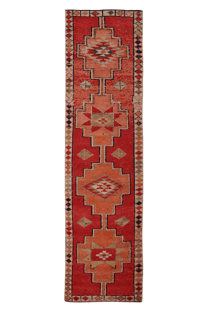 Vintage Southeastern Persian Style Runner Rug 3x11 ft — Red & Orange Geometric