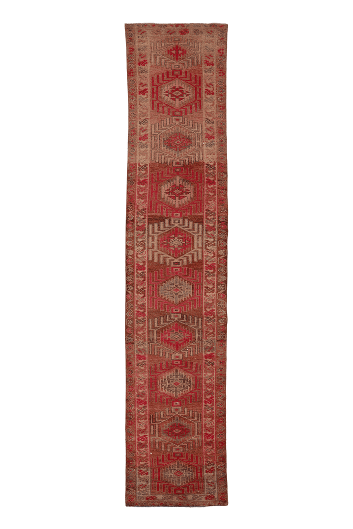 Vintage Southeastern Persian Style Runner Rug 3x14 ft — Brown & Red Geometric