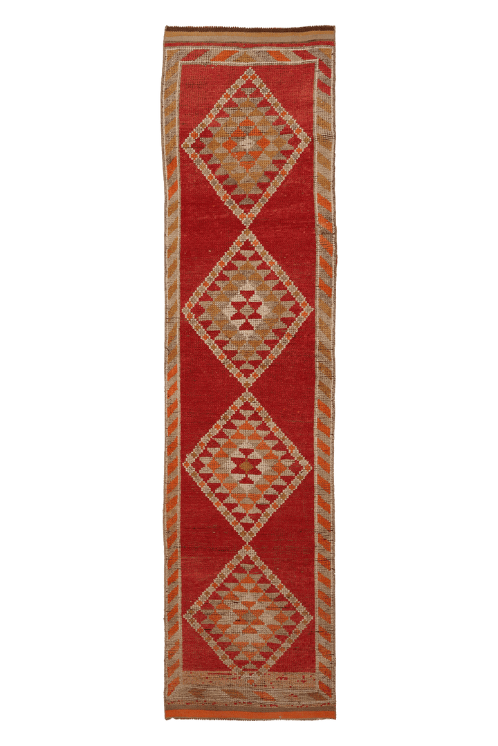 Vintage Southeastern Persian Style Runner Rug 3x11 ft — Red & Orange Geometric