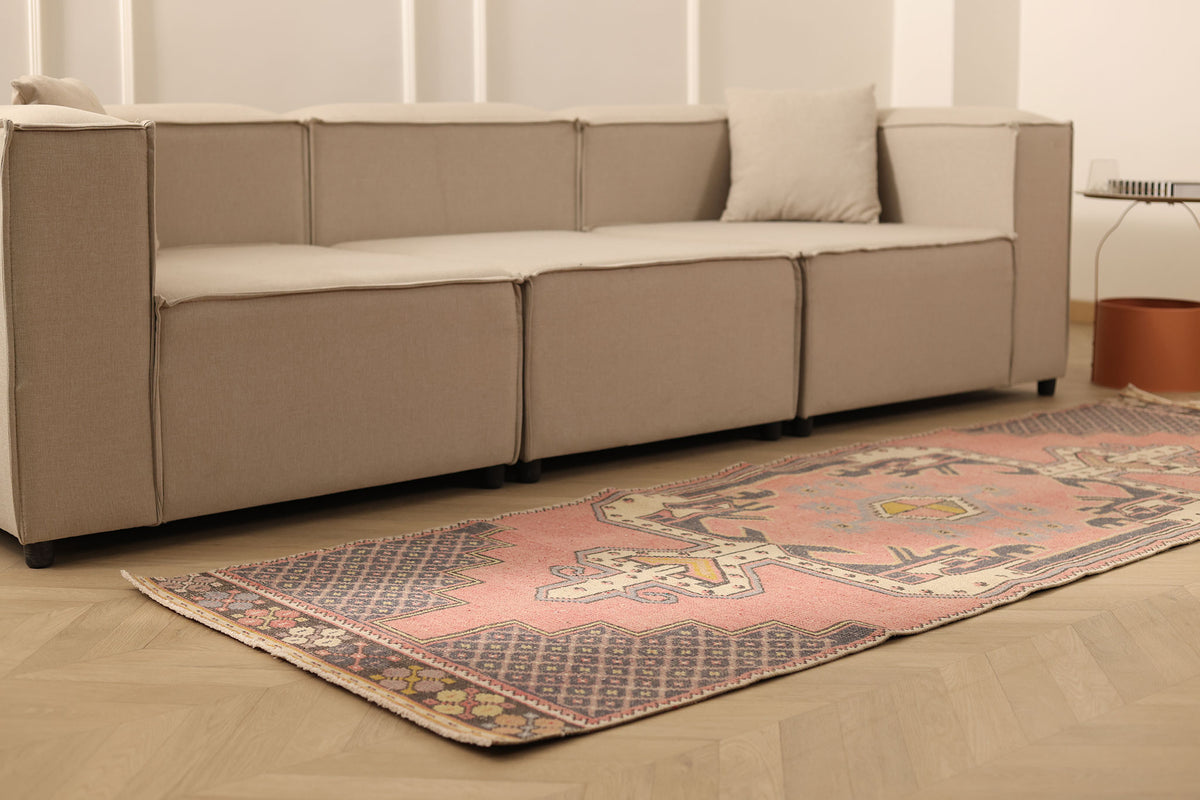 Vintage Niğde Turkish Runner Rug 3x9 ft — Pink & Gray Geometric