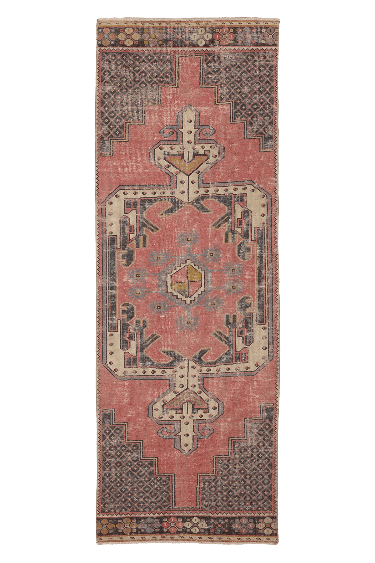 Vintage Niğde Turkish Runner Rug 3x9 ft — Pink & Gray Geometric