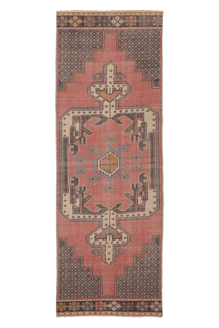 Vintage Niğde Turkish Runner Rug 3x9 ft — Pink & Gray Geometric
