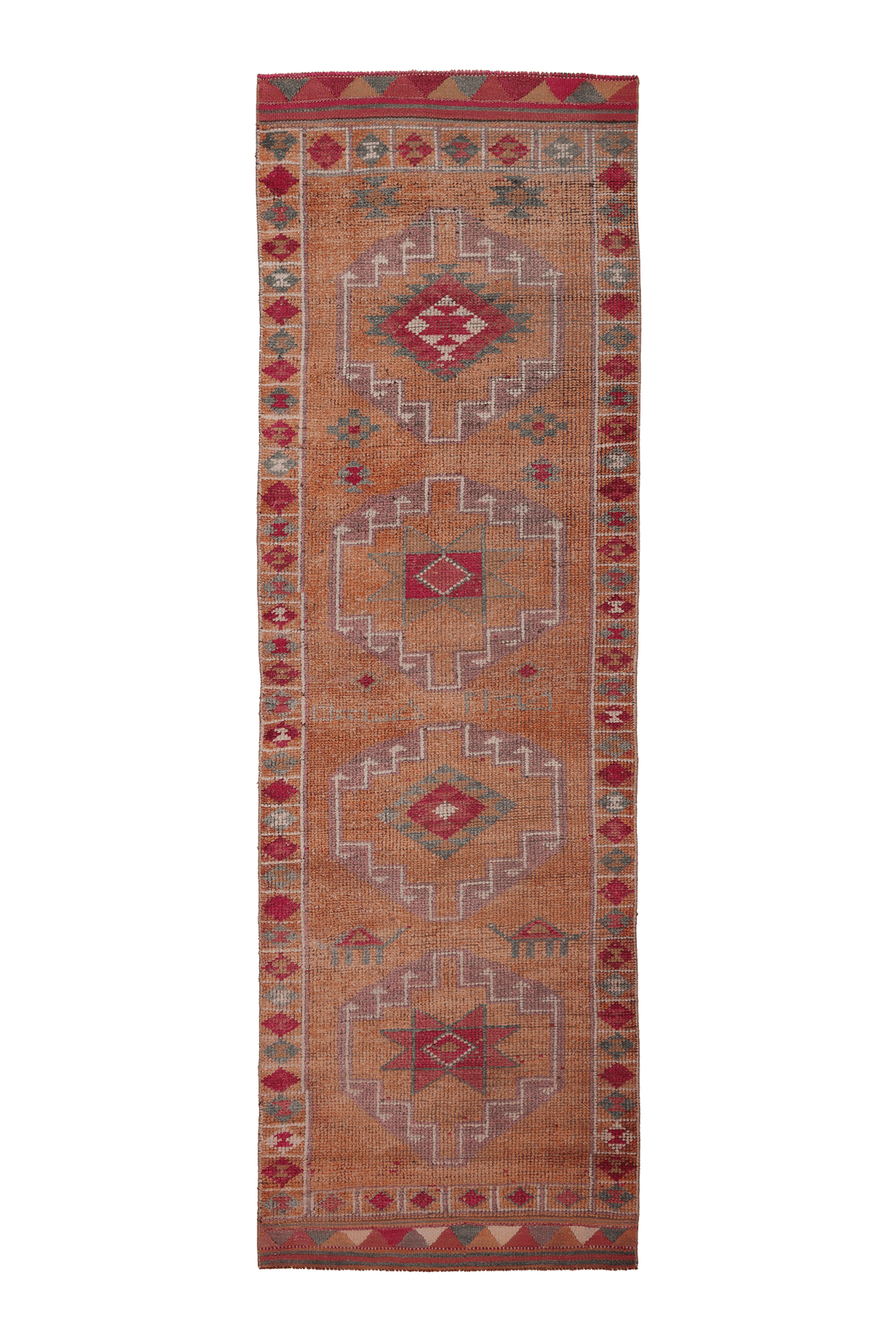 Vintage Southeastern Persian Style Runner Rug 3x11 ft — Orange & Pink Geometric