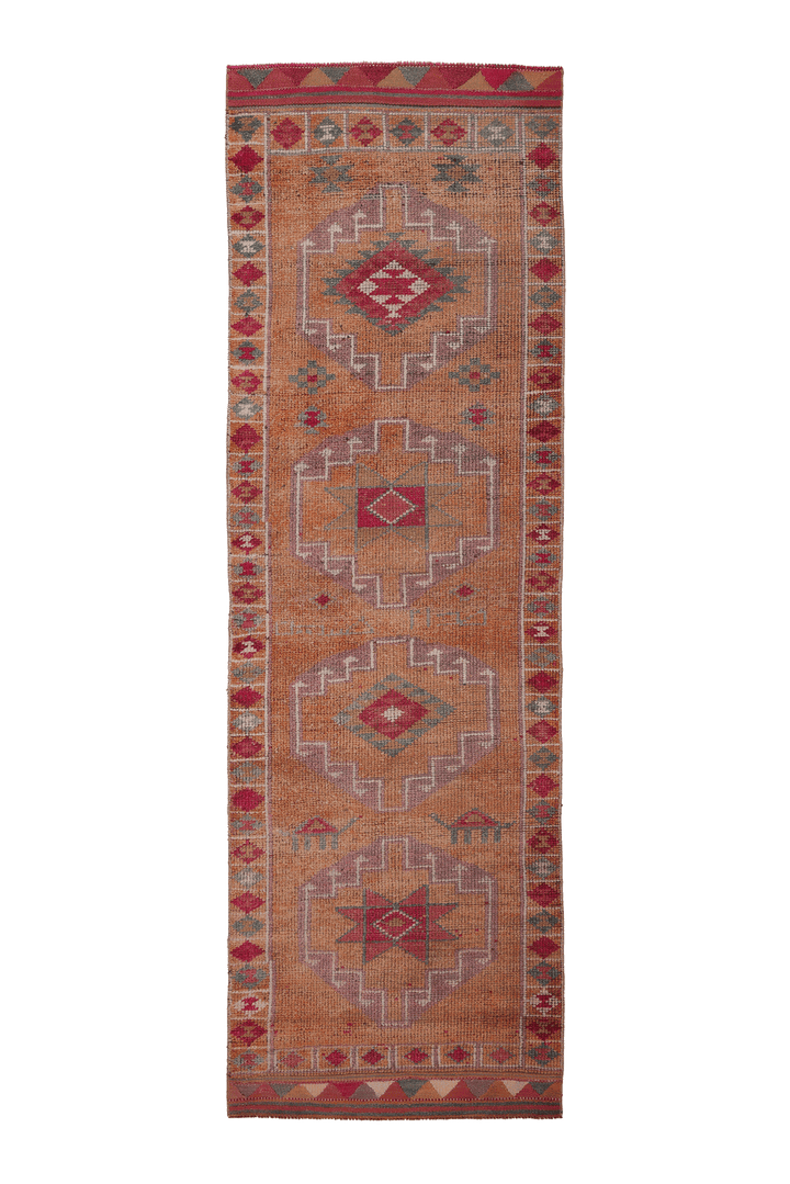 Vintage Southeastern Persian Style Runner Rug 3x11 ft — Orange & Pink Geometric