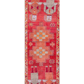 Handmade 3.3x11.5 ft Persian runner rug in red and orange wool-cotton blend with traditional human-figured patterns.
