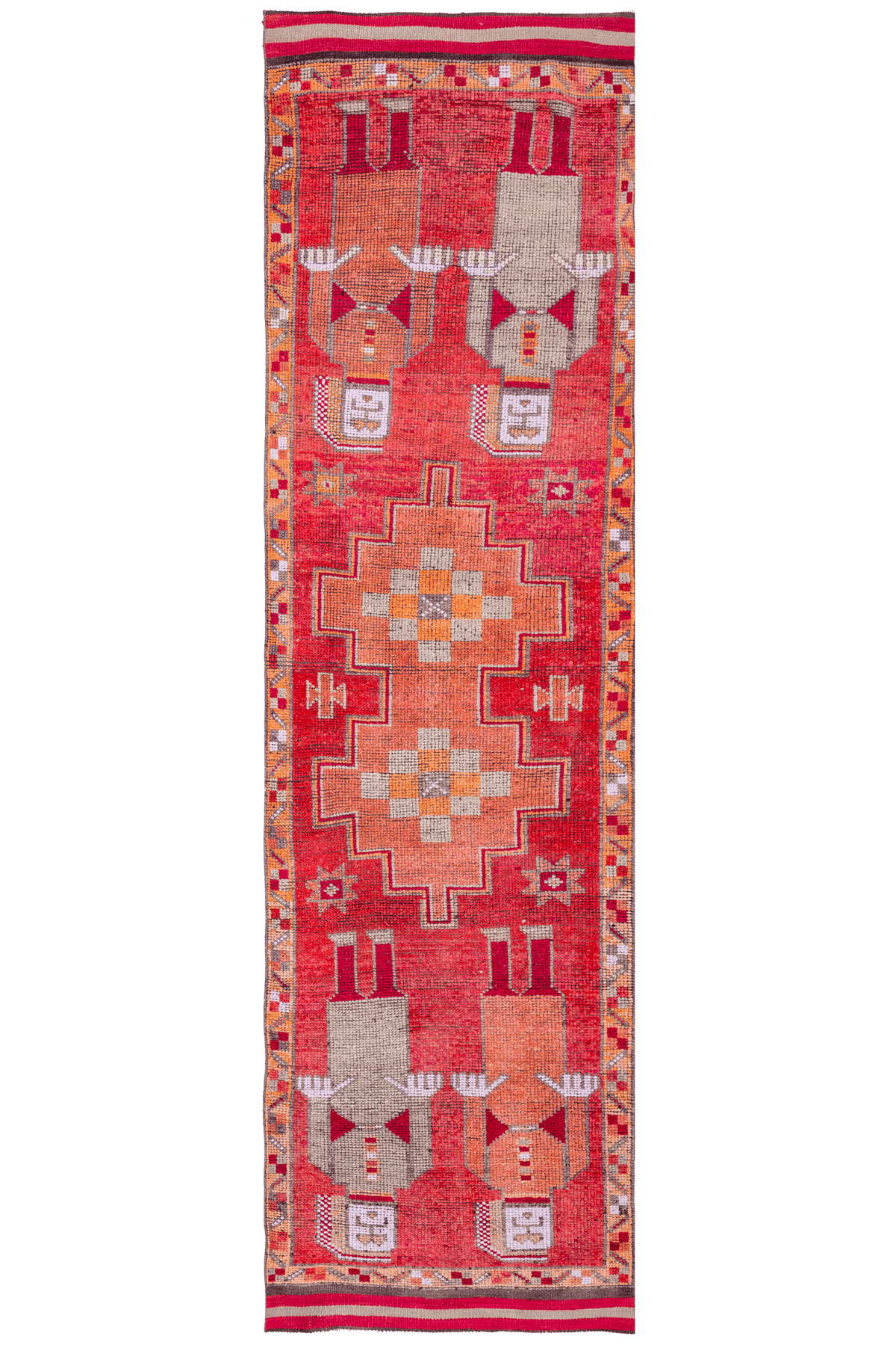 Handmade 3.3x11.5 ft Persian runner rug in red and orange wool-cotton blend with traditional human-figured patterns.