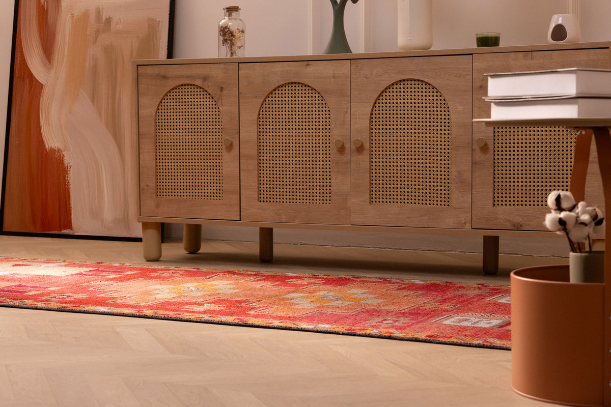 Handmade 3.3x11.5 ft Persian style runner rug in red and orange wool-cotton blend with traditional human-figured patterns.
