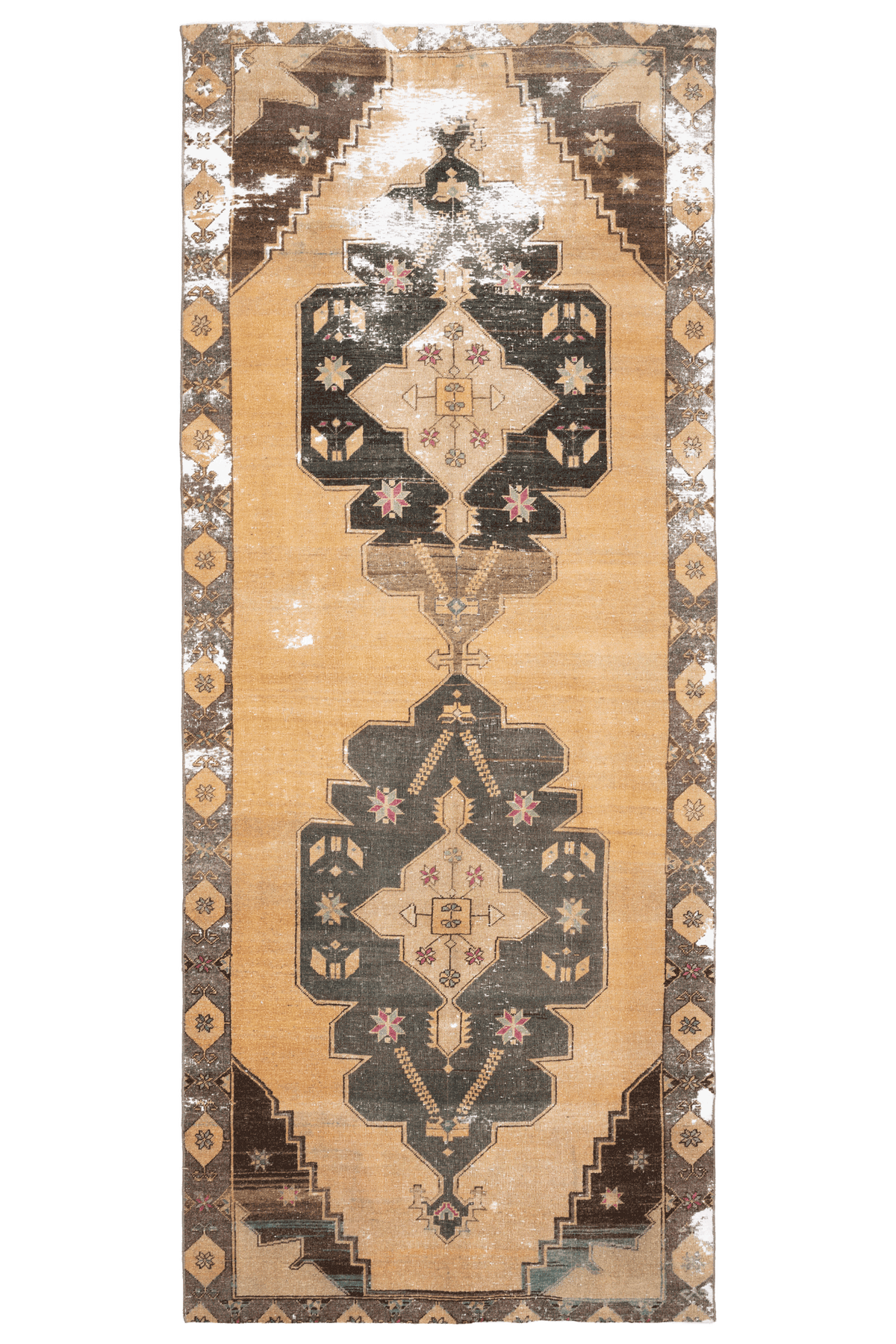 Vintage 4x11 ft Turkish runner rug in beige and gray with handwoven geometric wool and cotton patterns.