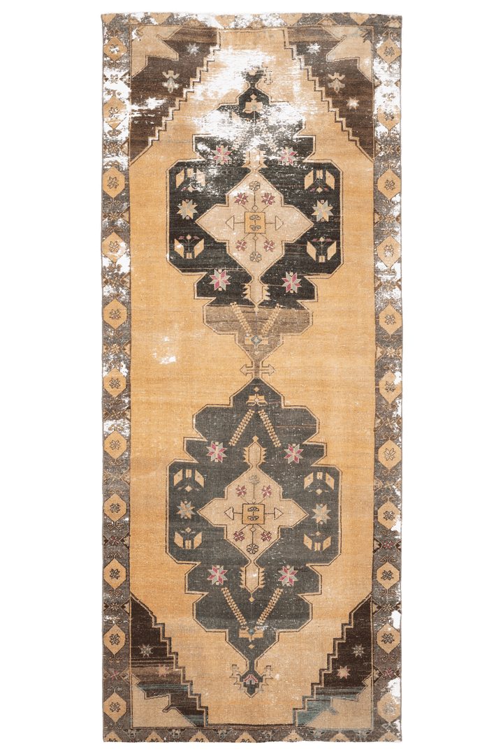 Vintage Malatya Turkish Runner Rug 4x11 ft — Beige & Gray Geometric