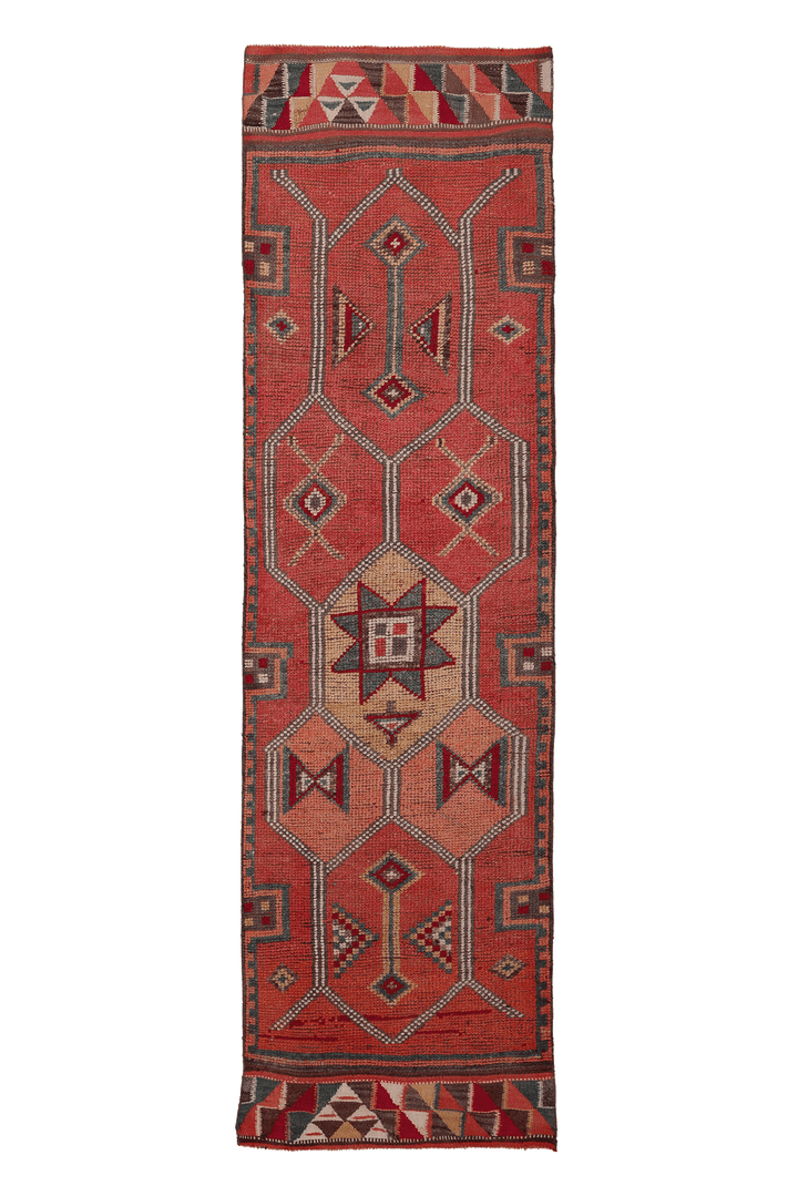 Vintage Southeastern Persian Style Runner Rug 3x11 ft — Red & Orange Geometric