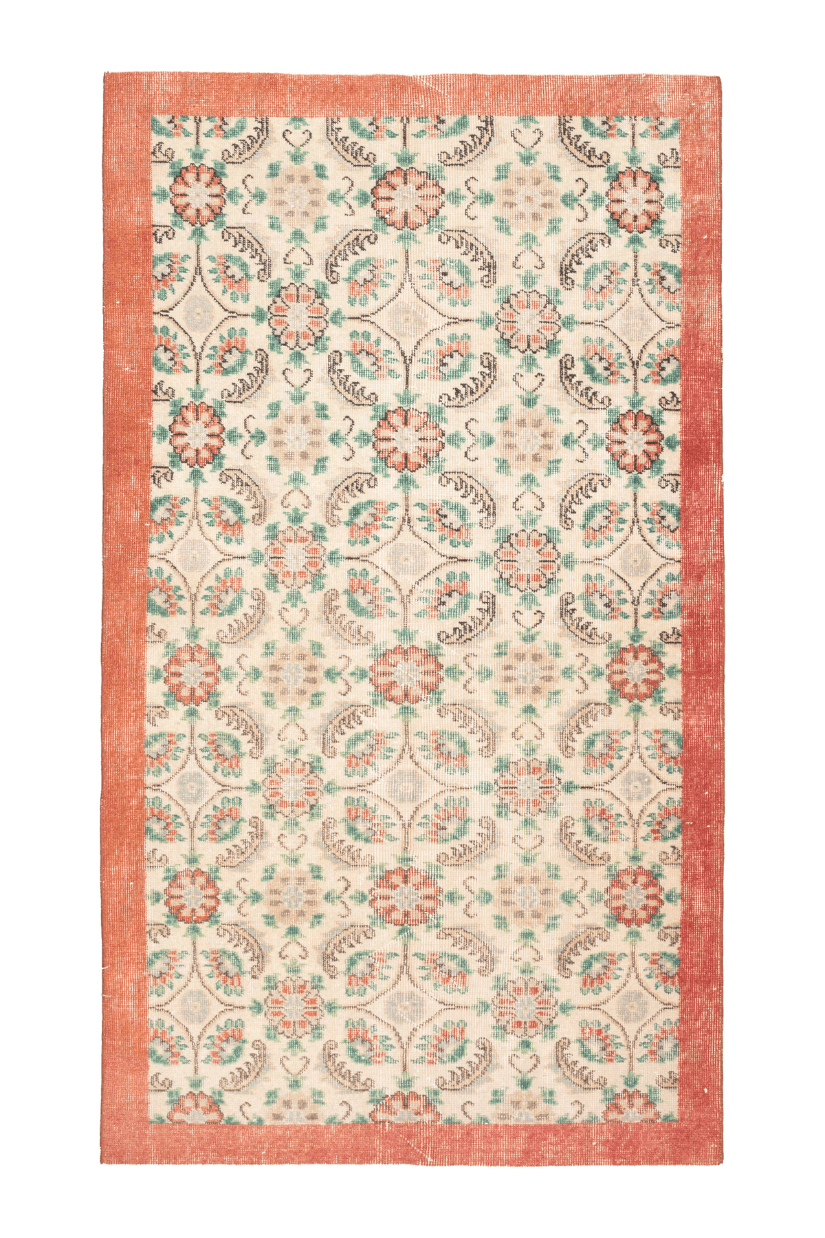 Hand-woven vintage Isparta runner rug in white and red with floral maximalist patterns, 2x12 ft wool and cotton blend.