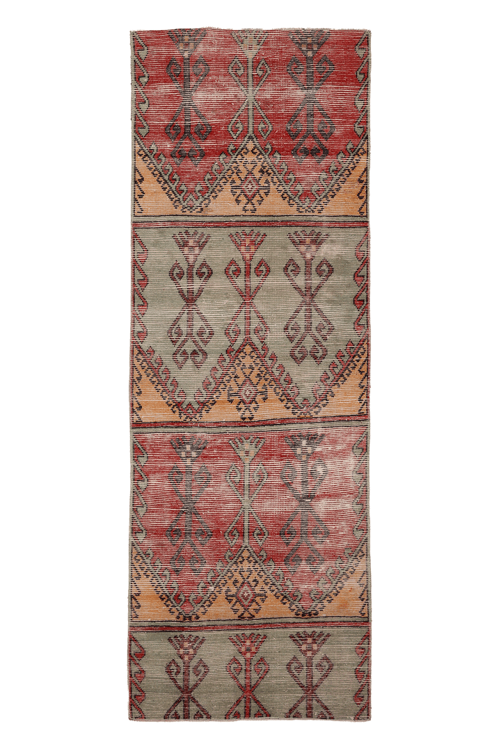 Vintage Niğde Turkish Runner Rug 3x9 ft — Red & Orange Geometric