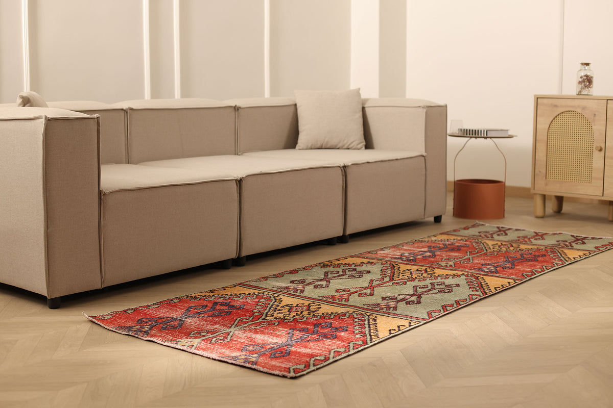 Vintage Niğde Turkish Runner Rug 3x9 ft — Red & Orange Geometric