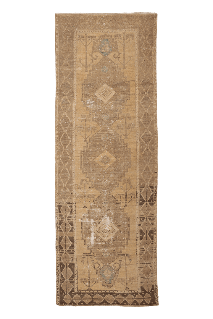 Vintage Malatya Turkish Runner Rug 3x10 ft — Beige & Brown Geometric