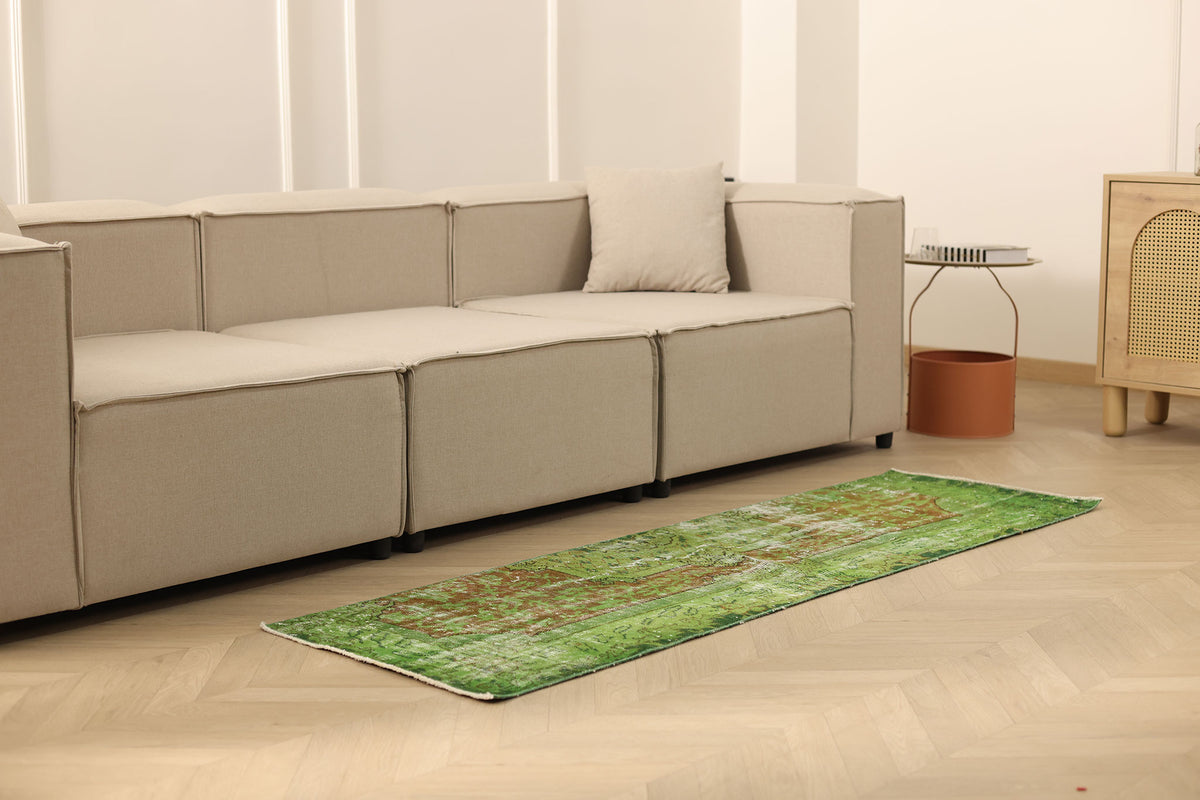 Vintage Isparta Turkish Runner Rug 2x6 ft — Green & Brown Overdyed