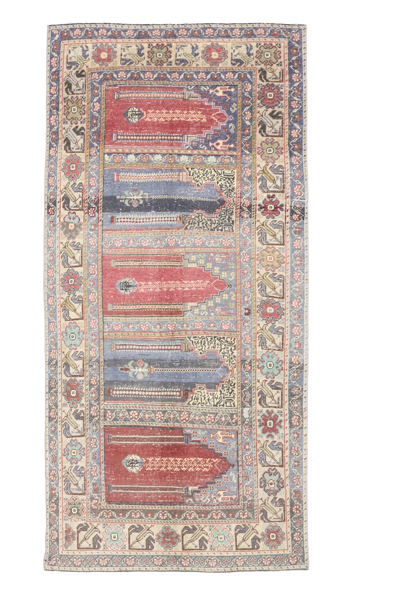 Vintage Kayseri Turkish Area Rug 4x9 ft — Red & Blue Floral