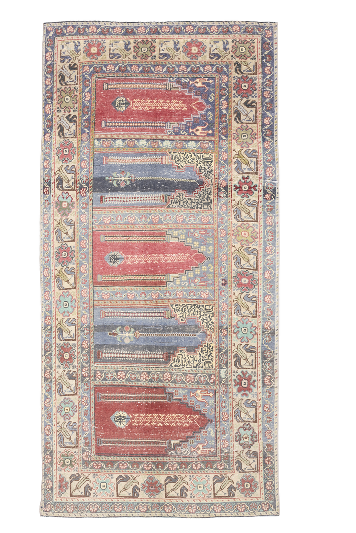 Vintage Kayseri Turkish Area Rug 4x9 ft — Red & Blue Floral
