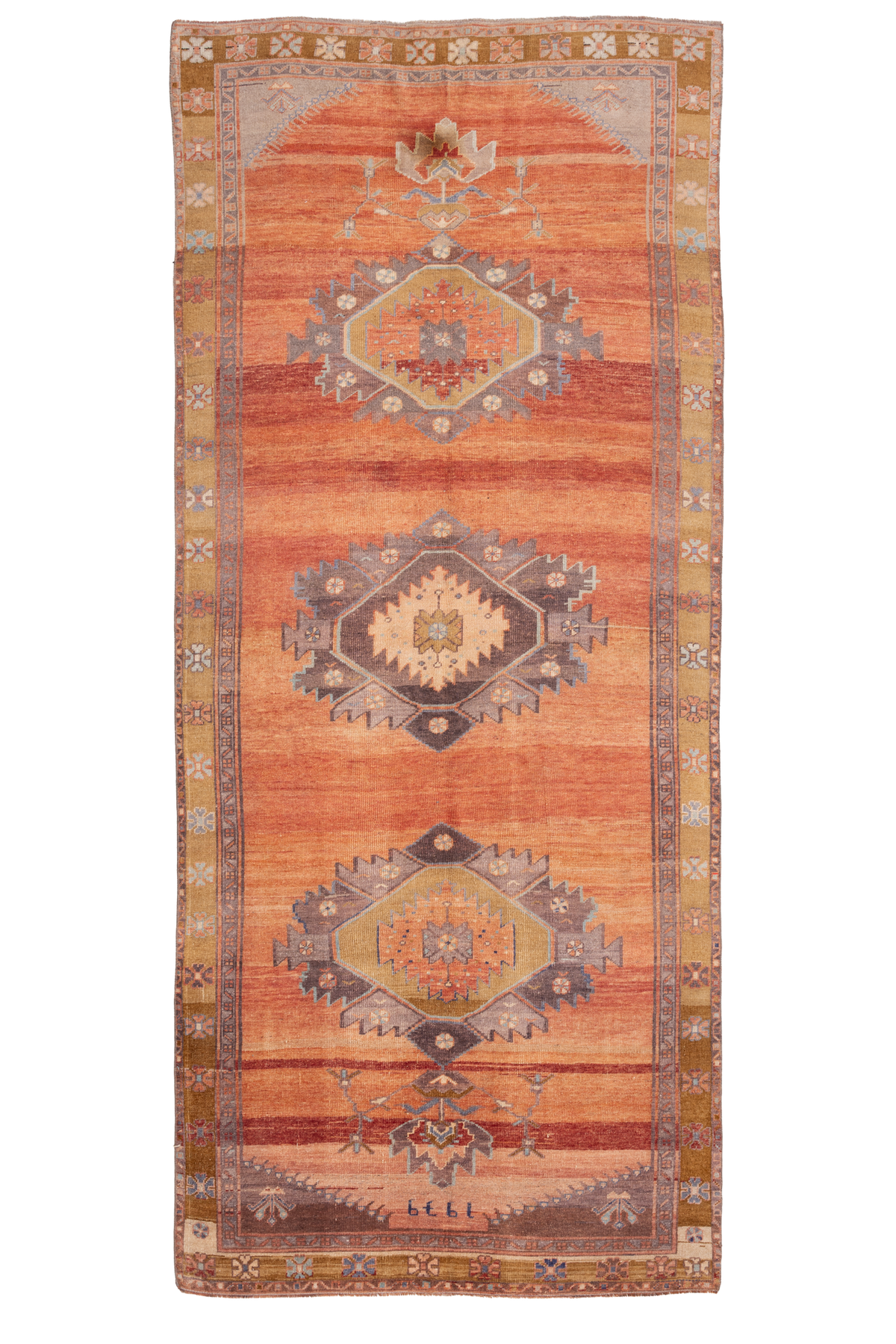 Vintage Sivas Turkish Area Rug 4x11 ft — Orange & Gray Floral