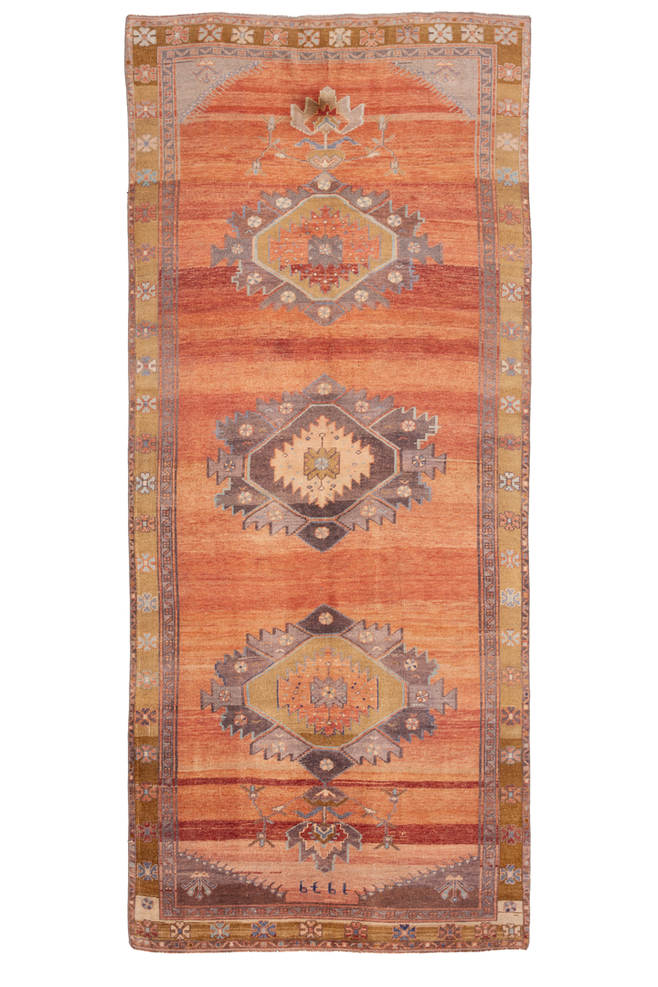 Vintage Sivas Turkish Area Rug 4x11 ft — Orange & Gray Floral
