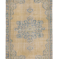 Hand-woven vintage Manisa Turkish rug in yellow and blue with traditional floral patterns, 4x8 ft wool and cotton blend.