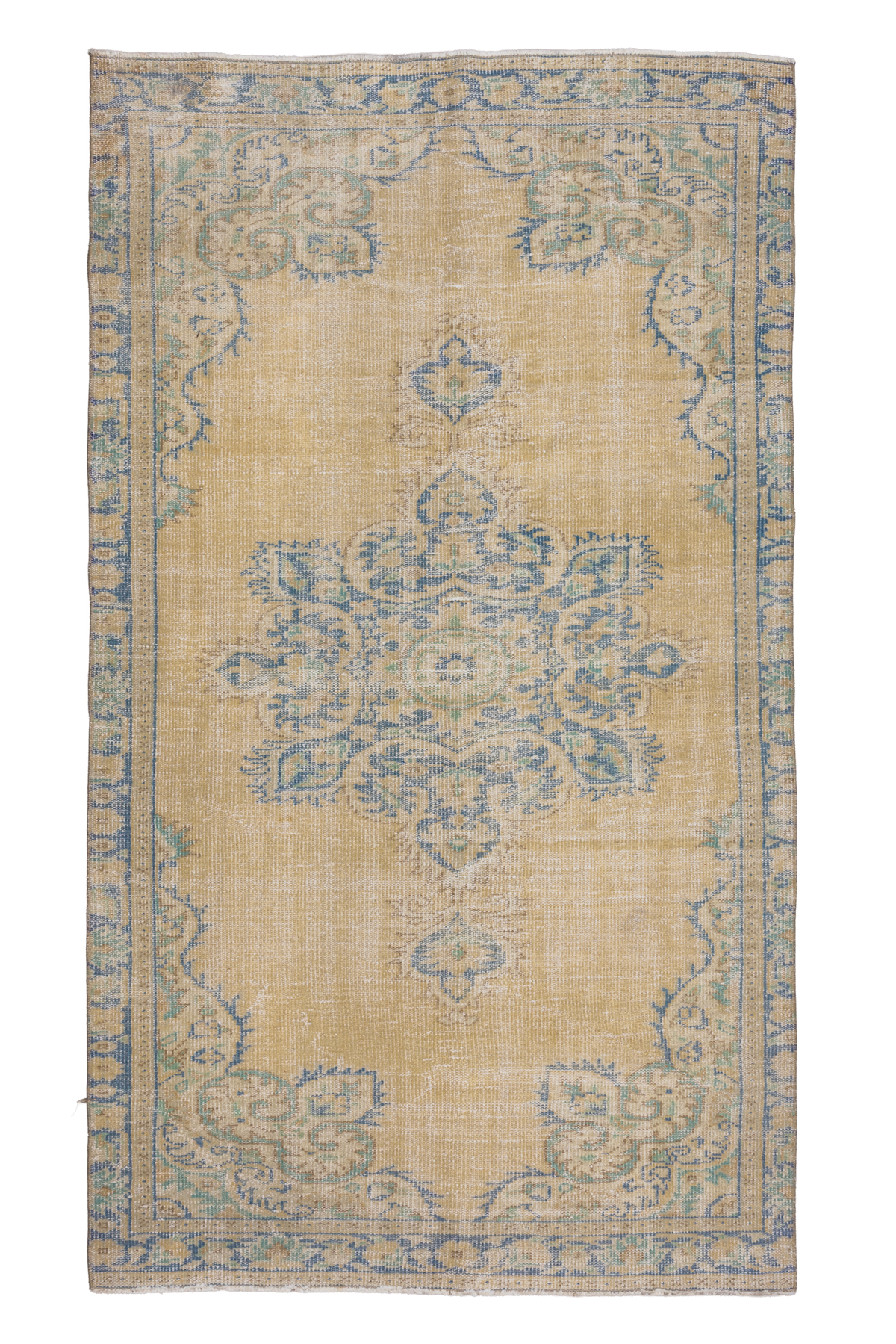 Hand-woven vintage Manisa Turkish rug in yellow and blue with traditional floral patterns, 4x8 ft wool and cotton blend.