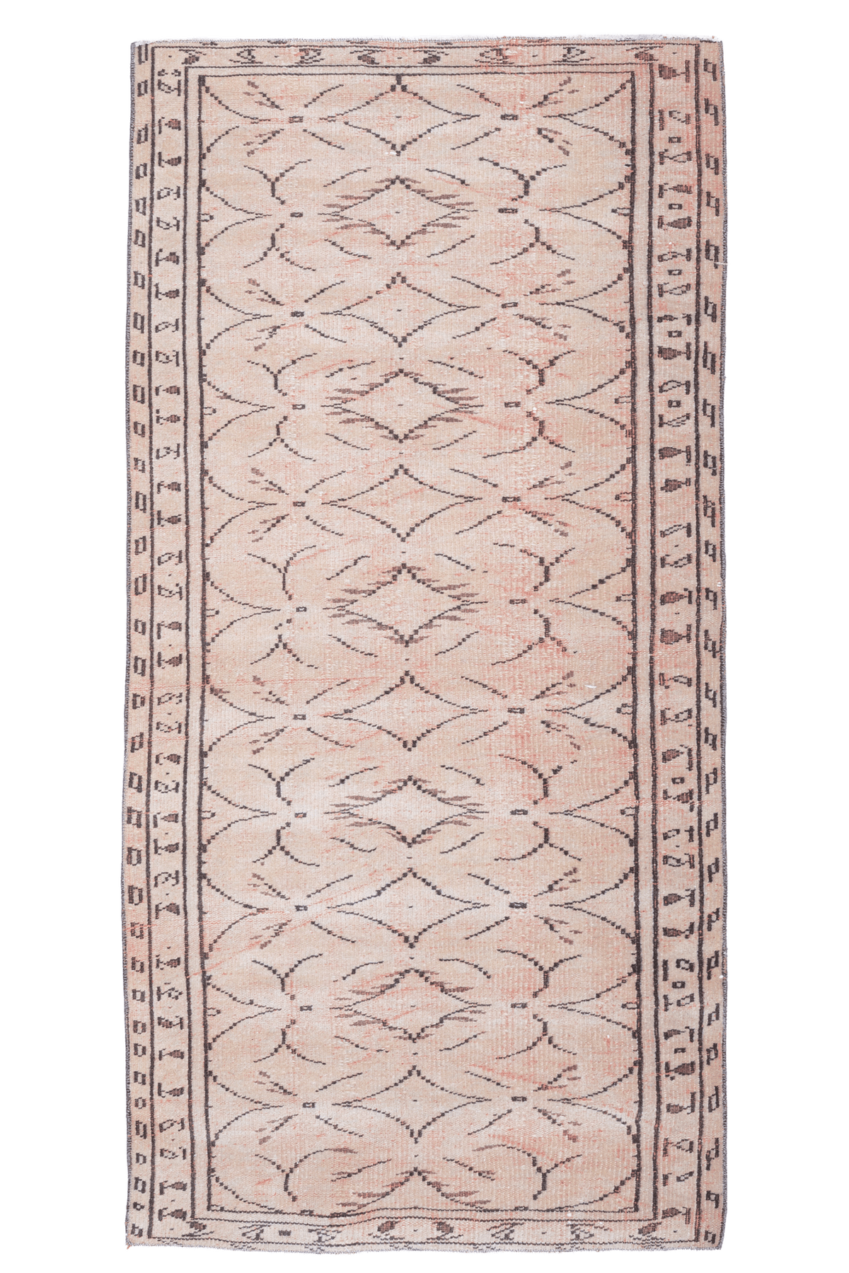 Hand-woven 3x6 ft beige vintage Turkish rug with distressed minimalist patterns and a wool-cotton blend.