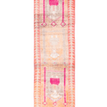 Handmade 2.7x9.9 ft wool and cotton runner rug in bohemian style with orange, yellow, and pink human-figured patterns.