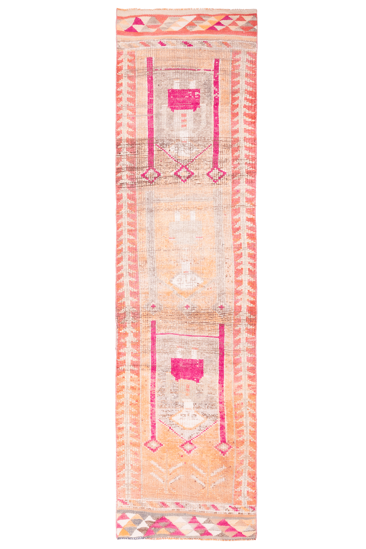 Handmade 2.7x9.9 ft wool and cotton runner rug in bohemian style with orange, yellow, and pink human-figured patterns.