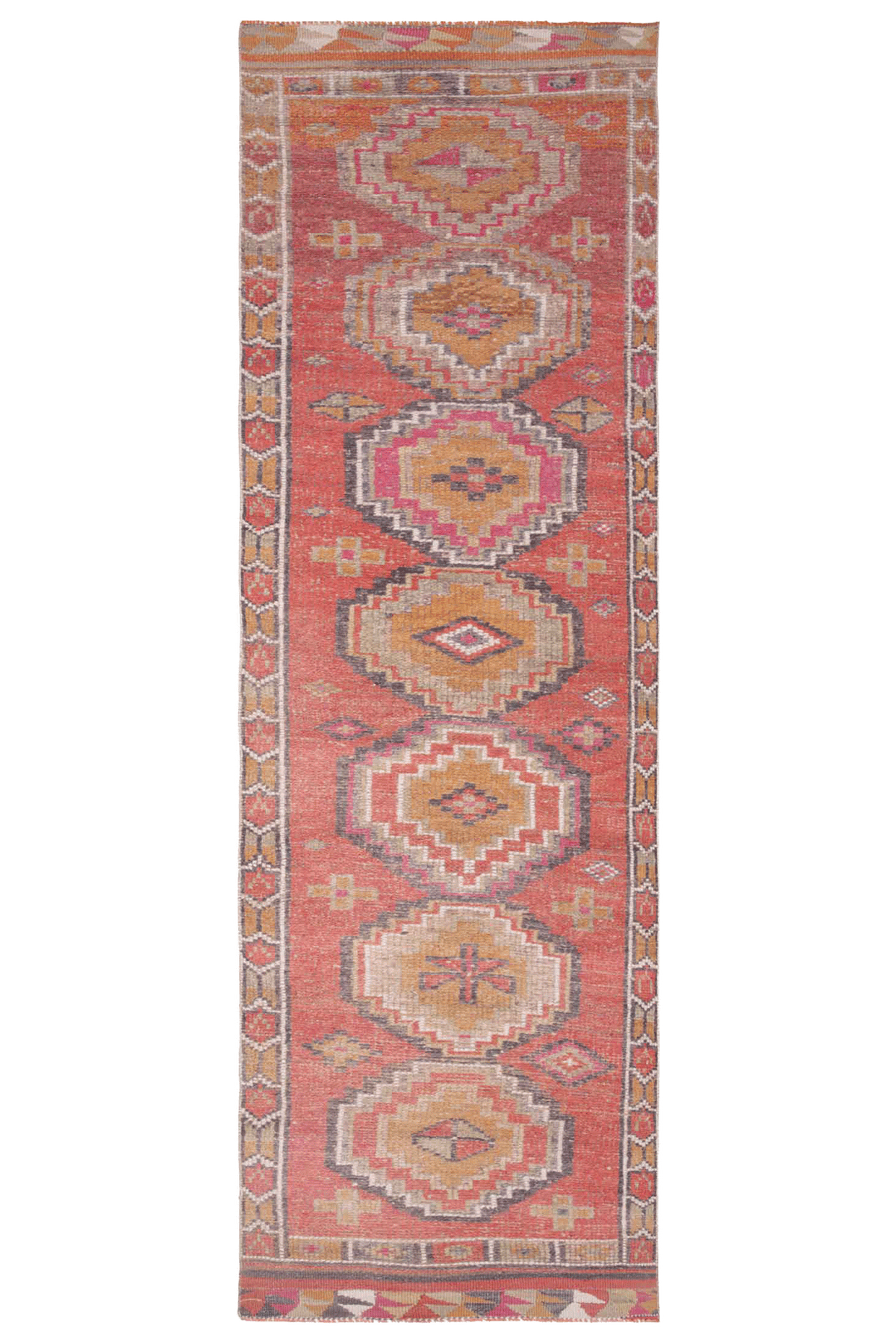 Handmade 2.5x10.5 ft Turkish runner rug in red and brown wool-cotton blend with bohemian geometric patterns.