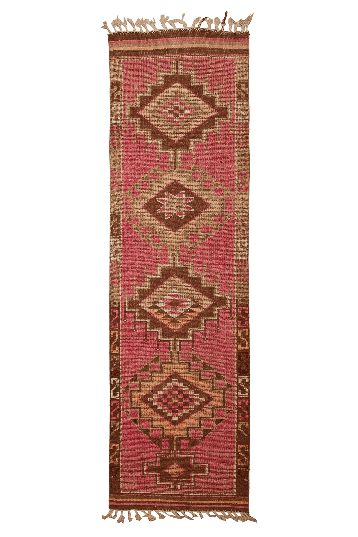 Vintage Southeastern Persian Style Runner Rug 3x11 ft — Pink & Brown Geometric