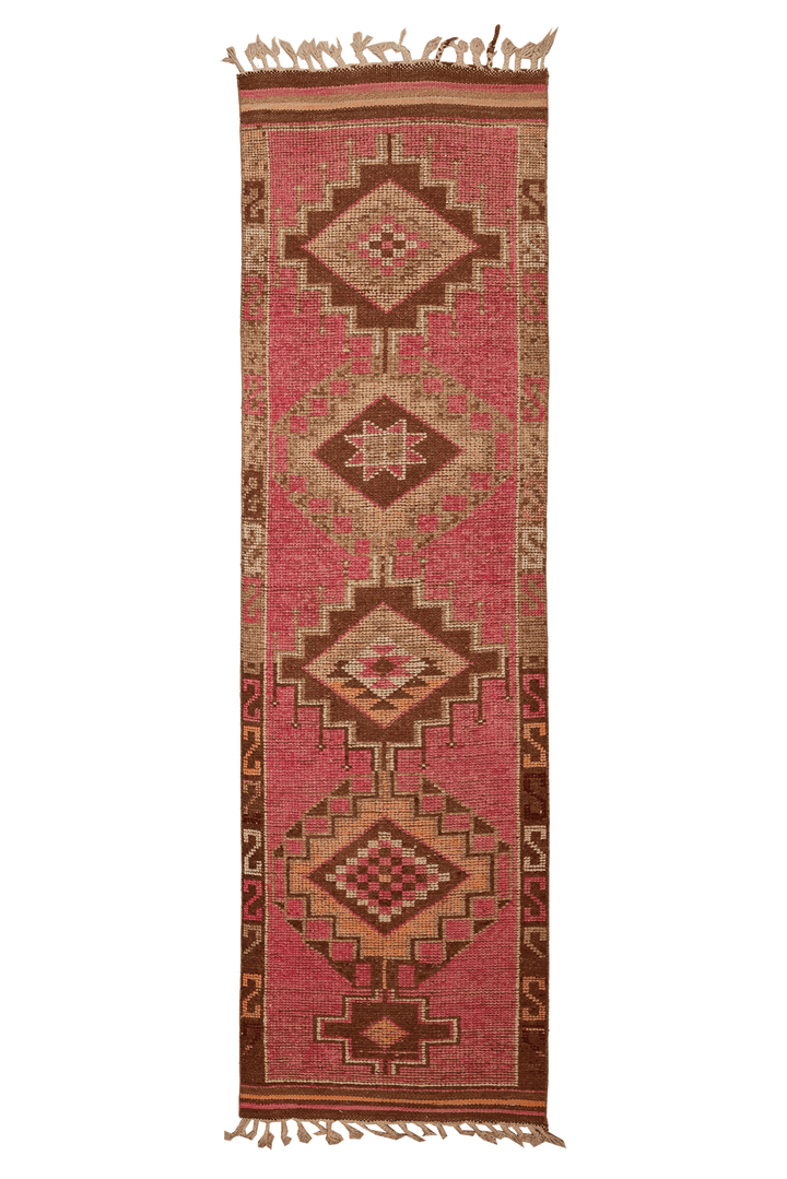 Vintage Southeastern Persian Style Runner Rug 3x11 ft — Pink & Brown Geometric