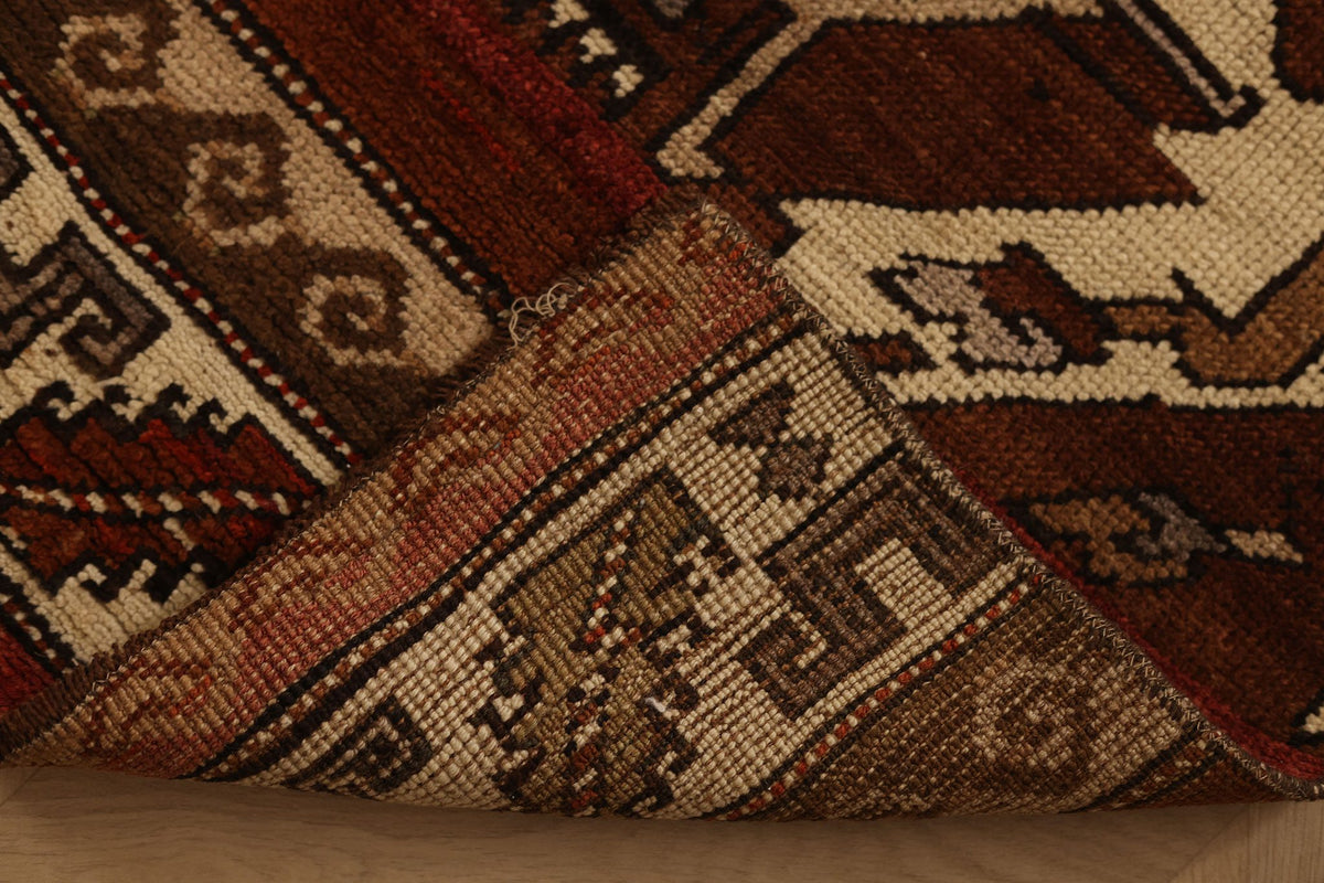 Vintage Kars Turkish Runner Rug 2x7 ft — Red & Brown Geometric