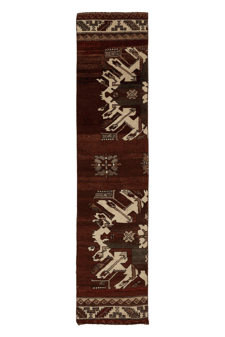 Vintage Kars Turkish Runner Rug 2x7 ft — Red & Brown Geometric